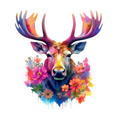 Fototapeta premium A vibrant, colorful moose with multicolored antlers surrounded by bright flowers, blending nature with artistic expression in a modern style, Wildlife Animals.