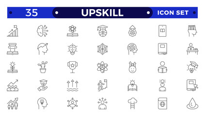 Set of Outline icons related to upskill, upskilling, personal growth, development, education, career. Outline icon collection.