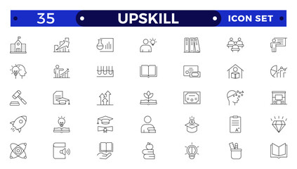 Set of Outline icons related to upskill, upskilling, personal growth, development, education, career. Outline icon collection.