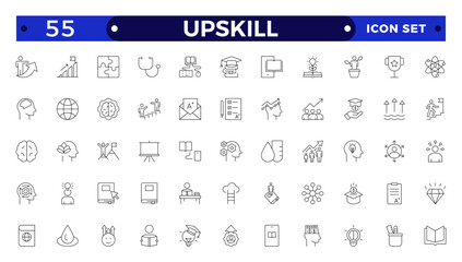 Set of Outline icons related to upskill, upskilling, personal growth, development, education, career. Outline icon collection.
