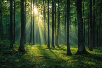 Obraz premium Serene Forest with Sun Rays and Mist