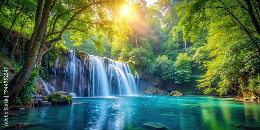 Wall mural a serene waterfall in a lush forest with clear blue water and floating leaves, waterfall, lush fores