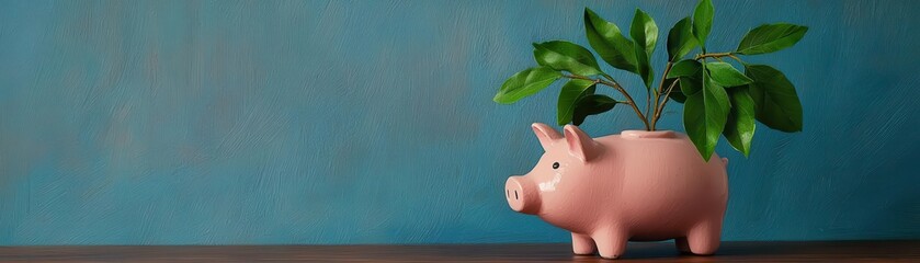 A creative piggy bank design featuring a plant, symbolizing growth and financial prosperity against a soft blue backdrop.