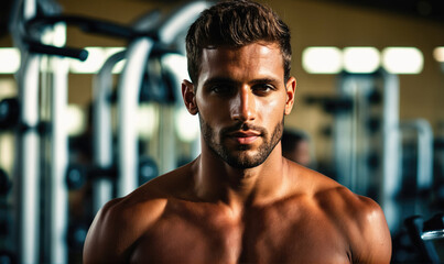 Fototapeta premium A man with a determined look stands in a gym, ready to workout