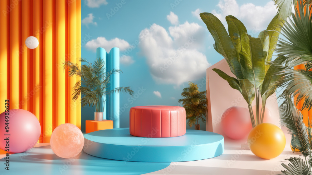 Poster dynamic 3d presentation platform with vibrant colors and realistic textures, perfect for