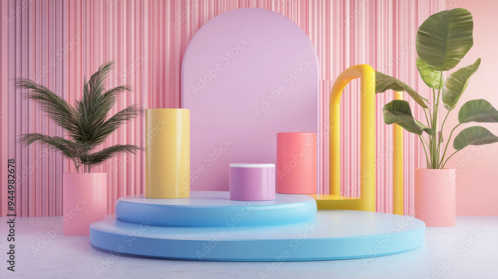 Poster dynamic 3d presentation platform with vibrant colors and realistic textures, perfect for