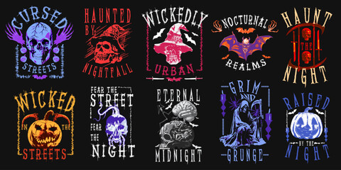 Halloween streetwear graphic t-shirt designs bundle, spooky fall t shirt design for print, dark art and creepy halloween
