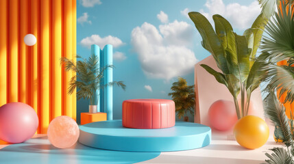 Dynamic 3D presentation platform with vibrant colors and realistic textures, perfect for