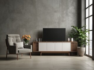 Modern living room with grey armchair, TV stand, and plant.