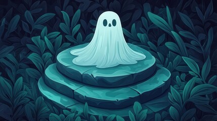 Podium surrounded by ghostly whispers, flat design, top view, ghost theme, animation, vivid
