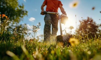 Low Angle View of Gardener Using Lawn Mower in Sunny Backyard: Spring Home Maintenance and Outdoor Hobby. Vibrant Green Grass Trimming Scene for Labor Day, Landscaping Services, and Gardening Lifestyl