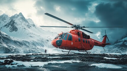 Obraz premium Red rescue helicopter landed in the mountains. Rescuers are going to land