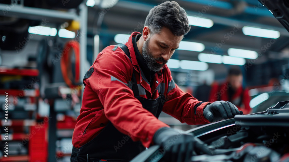 Poster a mechanic in red overalls focuses on repairing a car engine in a modern garage, emphasizing technic