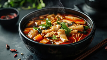 Elegant and simple food photography of a spicy hotpot served in a dark porcelain bowl,