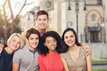Walking, happy students at university together