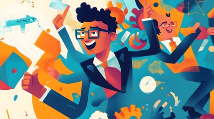 Two Businessmen Celebrating Success with Abstract Shapes and Airplane