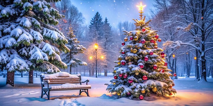 Festive Christmas tree in snowy park with bench