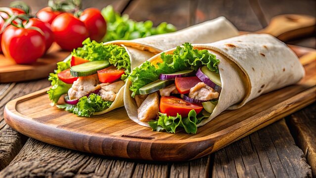 Close-up photo of a fresh chicken wrap with vegetables placed on a wooden board, chicken, wrap, vegetables, fresh, close-up