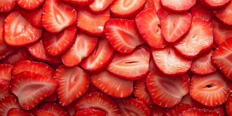 A close-up view of fresh, sliced strawberries arranged in a vibrant pattern.