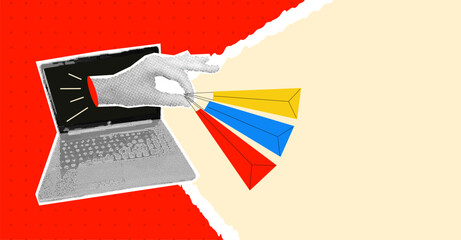 Shopping bags in hand and laptop with empty space. Retro halftone collage concept on the theme of online shopping. Trendy vector banner on torn paper background