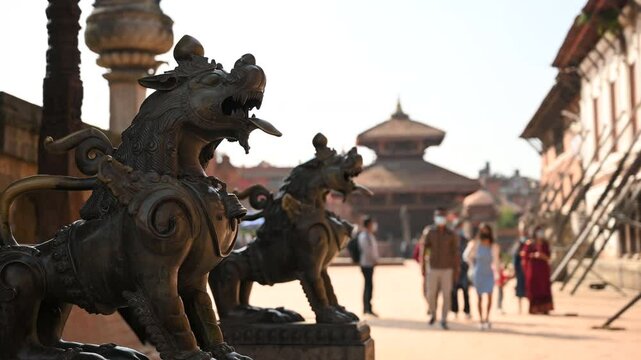 Nepal Bhaktapur Durbar Square Lion Statues Slow Motion Stabilizer R World Heritage Site Kathmandu Valley
