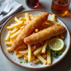 A plate of fish and fries with a lemon wedge on the side