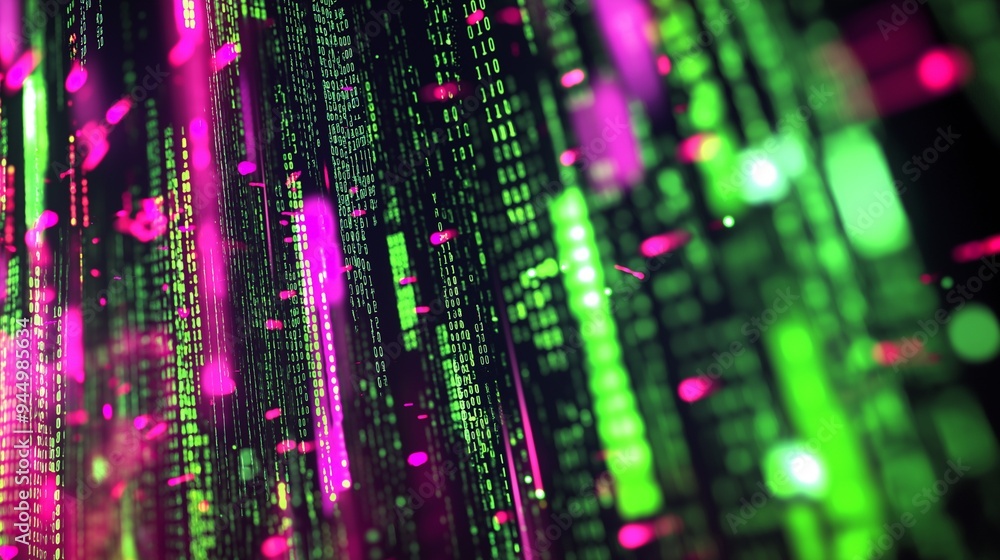 Poster a computer code overlaid with abstract, colorful dots and lines, which could symbolize data flow, cy