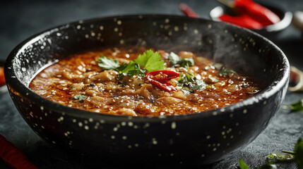 Elegant food photography featuring a spicy hotpot in a simple yet luxurious dark porcelain