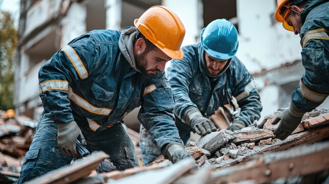 Men in protective uniforms and hardhats removing pieces of broken building during rescue mission after earthquake