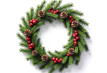 A Christmas wreath made of pine branches, red berries, and pine cones