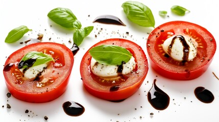 Three tomato slices with basil and balsamic dressing. The dish is colorful and appetizing. The balsamic dressing adds a tangy flavor to the tomatoes, while the basil provides a fresh.Generate ai.