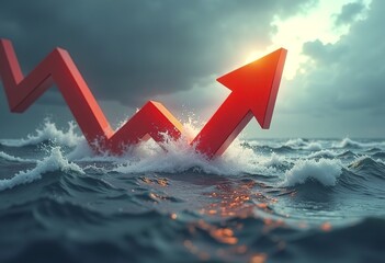 A large red downward-pointing arrow plunging into a stormy, choppy ocean under a cloudy sky, symbolizing a sharp economic decline or market crash