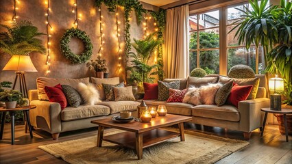 Cozy living room with plush furnishings, vibrant throw pillows, warm lighting, lush greenery, and ornate decorations exuding warmth and sophistication