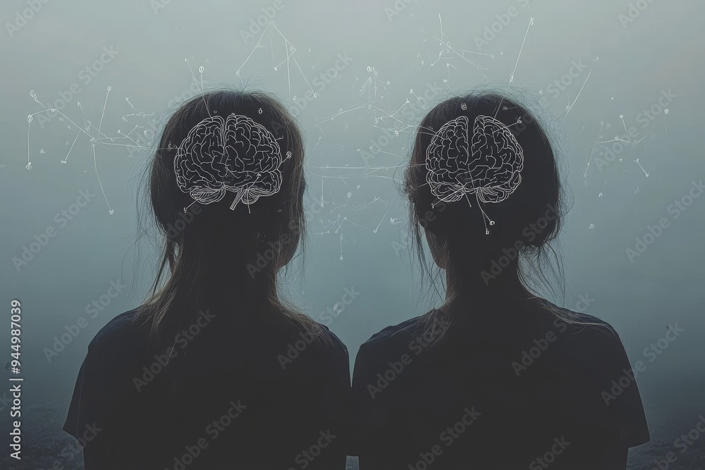 Poster twin silhouettes with shared brain patterns reflecting on the profound depth of shared experiences