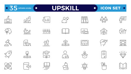 Set of Outline icons related to upskill, upskilling, personal growth, development, education, career. Outline icon collection. Editable stroke outline icon.