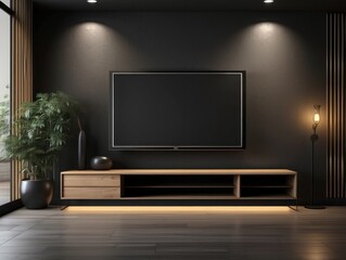 Modern living room interior with black wall, flat screen TV, wooden cabinet, and potted plant