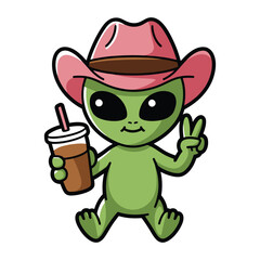 Alien wearing cowboy hat and holding drink cartoon illustration