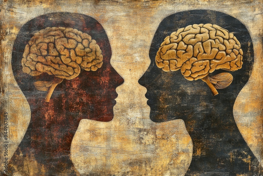 Poster faces merging in a cosmic dance of golden brains symbolizing a deep celestial connection