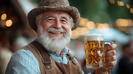 Happy German old man with a beer mug at Oktoberfest. Traditional German merry holiday	