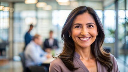 Obraz premium Hispanic woman smiling in a blurred office setting, with copy space, with empty space, no text, no word, no character, --no logo --no letters --no text, no watermark, --no words