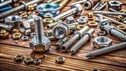 Assorted metallic fasteners on wooden workbench surrounded by tools