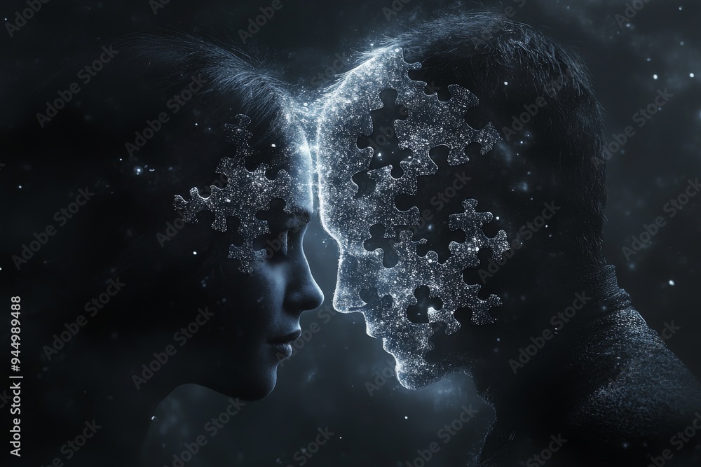 Poster ethereal couple with fragmented faces merging into the darkness representing the dissolution of thou