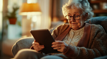 Elderly Woman Relaxing at Home Using a Tablet
