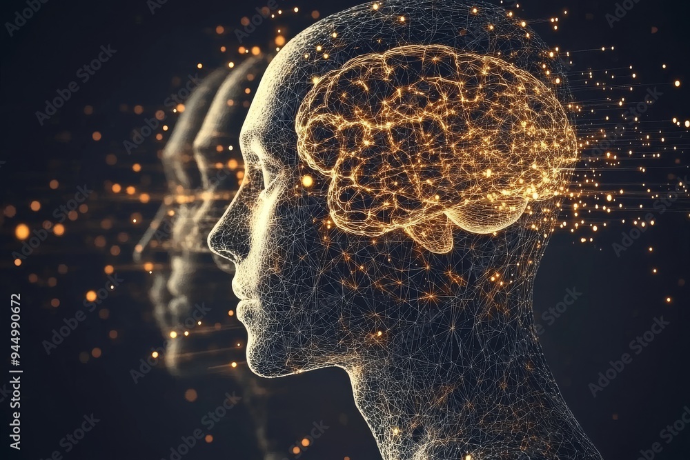Poster silhouette of a person in a digital world with their brain illuminating the space around them