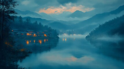 A tranquil village beside a serene lake, gentle ripples reflecting the sky, oil painting style, smooth brushstrokes, dusk lighting, muted colors.