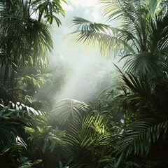Lush Jungle Setting with Dense Green Palm Leaves