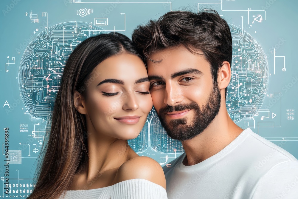 Poster minimalistic profile view of two people with transparent brains emphasizing mental clarity and simpl