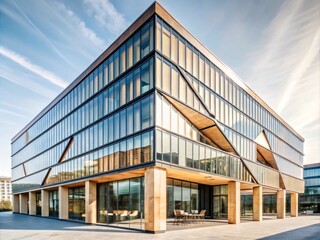 Obraz premium The image shows a angular building with glass windows and a minimalist design.