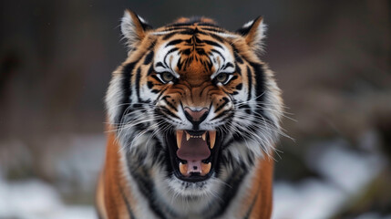 Angry tiger,Sumatran tiger, beautiful animal and his portrait. Amur tiger walking in river water. Danger animal, tajga, Russia. Animal in green forest stream. Grey stone. The Siberian tiger