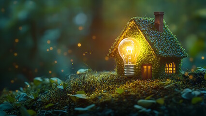 Naklejka premium A small green house with a lightbulb shining inside, sitting on moss in a forest.